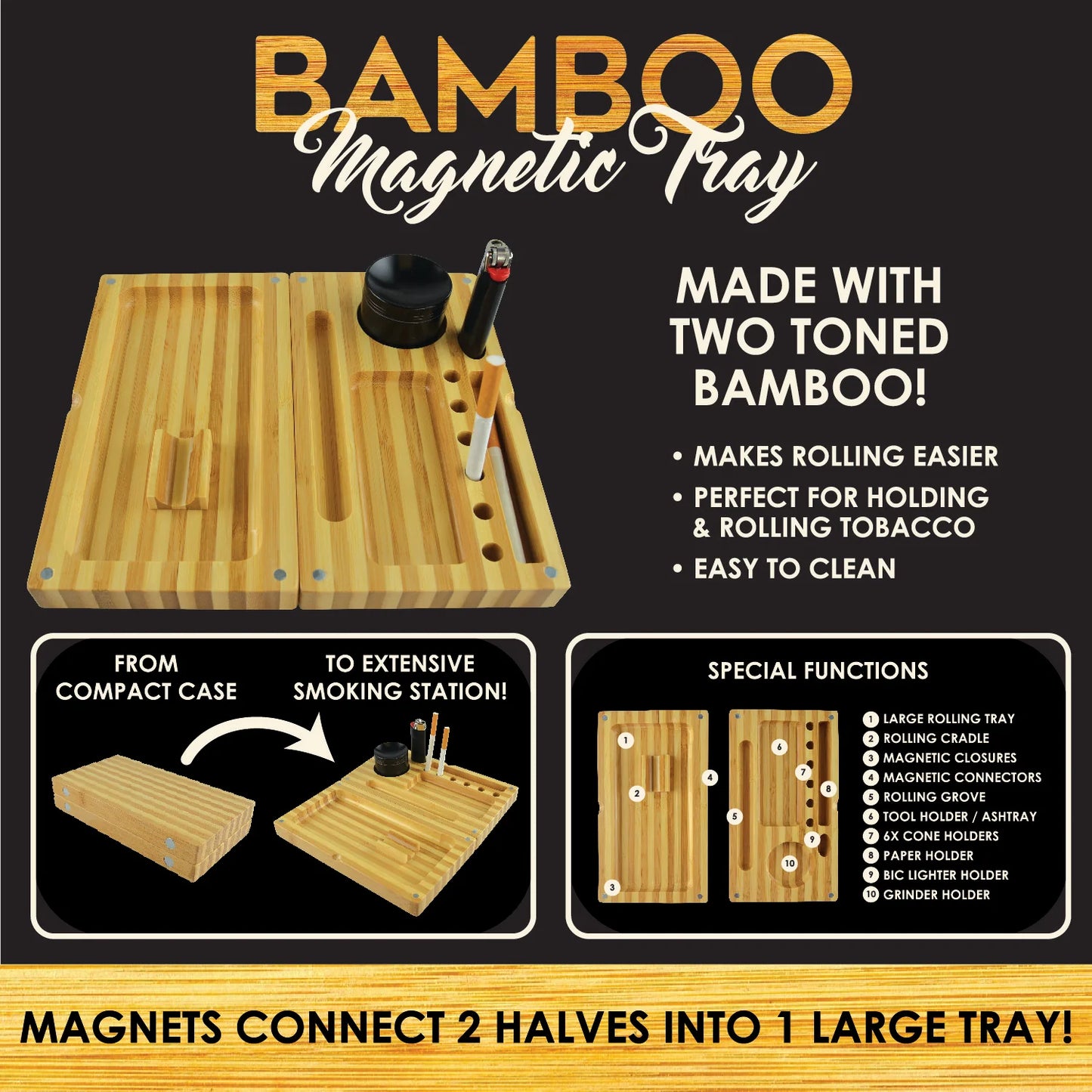 SMOKEZILLA - BAMBOO MAGNETIC ROLLING TRAY 4 PCS