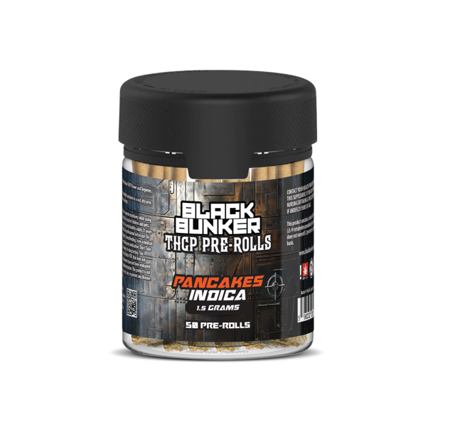 black bunker thcp 50 count pre rolls, pancakes, indica