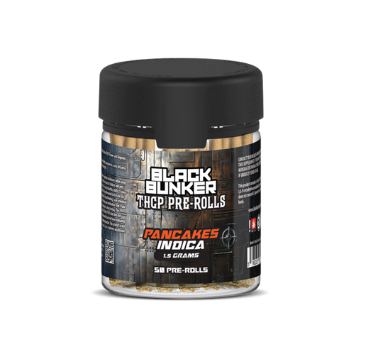 black bunker thcp 50 count pre rolls, pancakes, indica