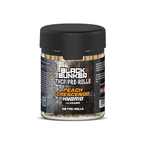 black bunker thcp 50 count pre rolls, peach crescendo, hybrid